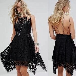 Free People Black Boho Just Like Honey Drape Hem Lace Mini Dress size 6